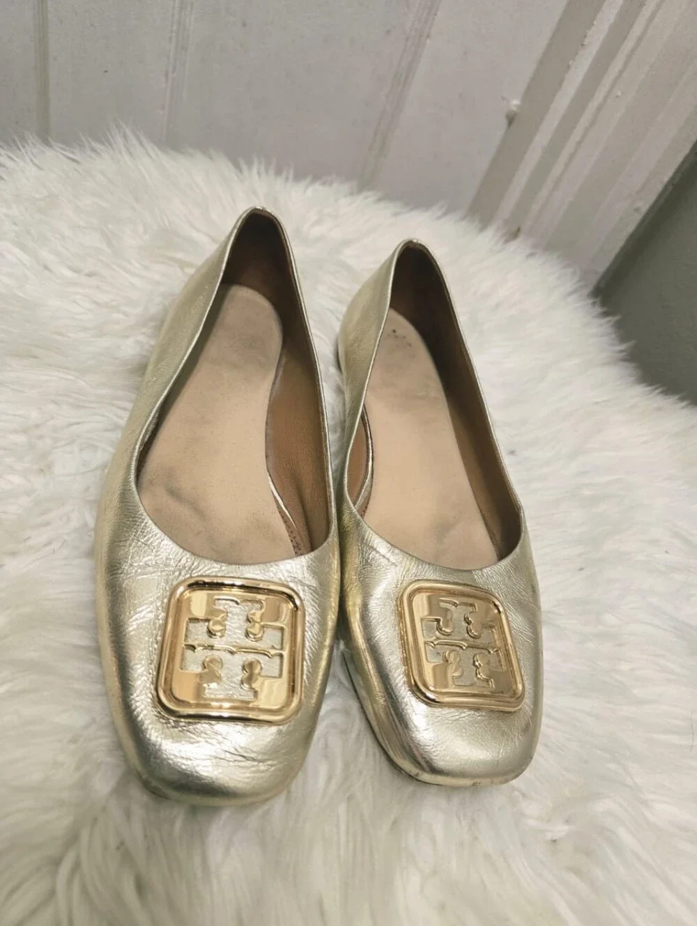 Tory Burch Georgia Leather Square Toe Metallic Gold-tone Ballet Flat Sz 7.5M